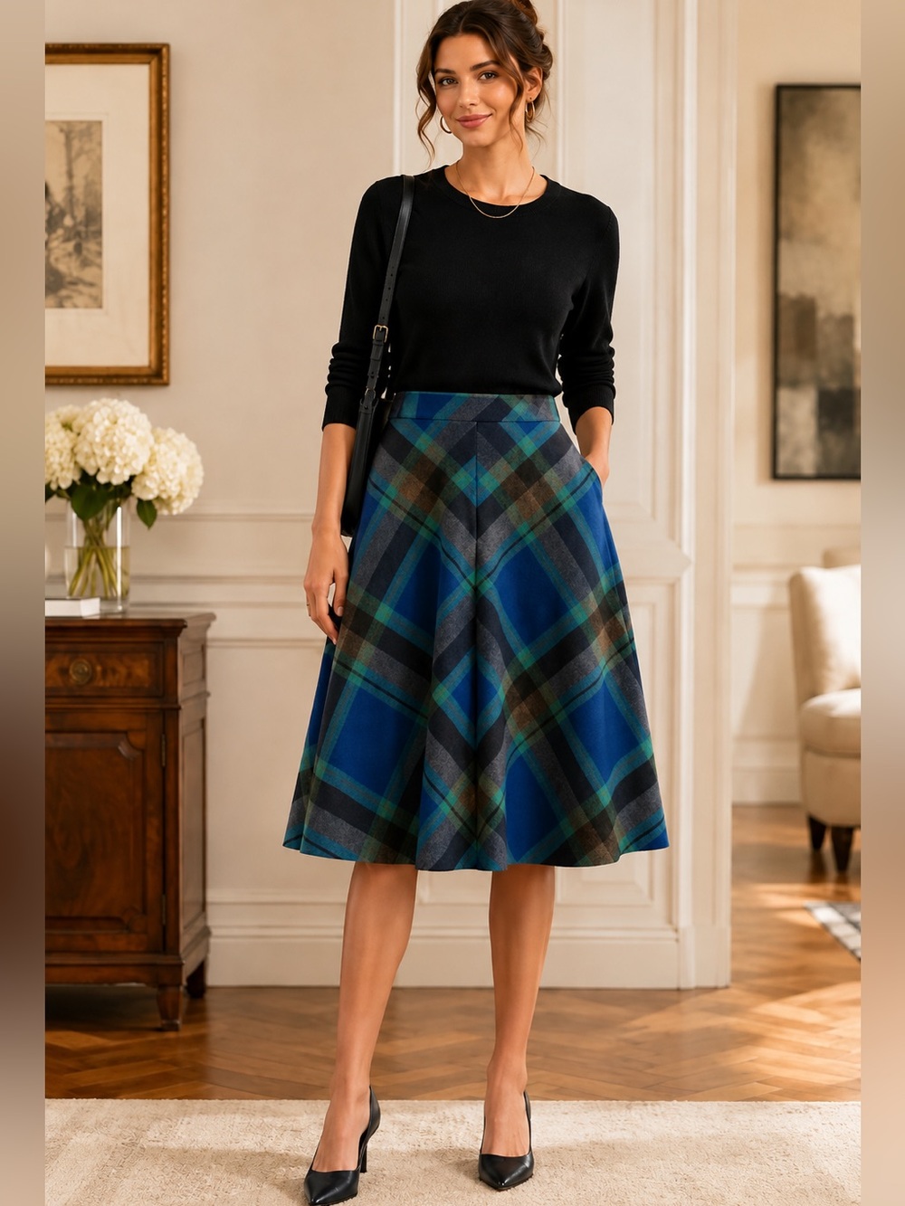 Vintage Blue Plaid Circle Skirt Small Waist | Cottagecore Midi